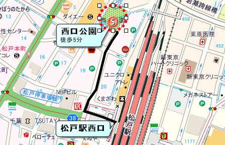 集　合／ 松戸西口公園（JR常磐線・新京成線　松戸駅西口5分）　　　　　　　　　　　　　　　　　　　　　　　　　　　　　　　　　　　　　　　　　　　　　 　解　散／12時頃　松戸西口公園（松戸駅西口5分）への地図