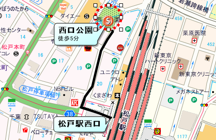 集　合／松戸西口公園 (JR常磐線・新京成線松戸駅西口5分）　　　　　　　　　　　　　　　　　　　　　　　　　　　　　　　         　解　散／12時頃　北小金駅南口デッキ（JR常磐線各駅停車北小金駅1分）への地図