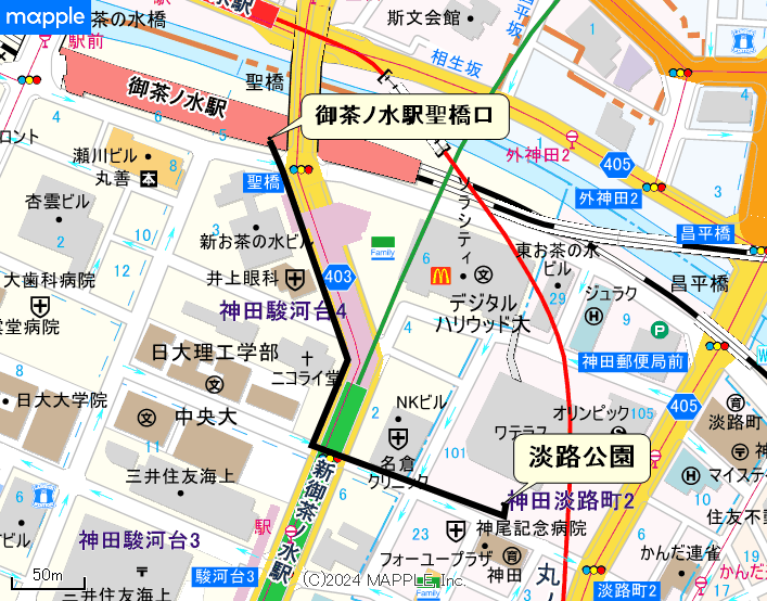 集　合／淡路公園（JR総武線御茶ノ水駅聖橋口5分）　　　　　　　　　　　　　　　　　　　　　　　　　　　　　　　　　　　　　　　　　　　　　　　　　　　　　　　　　　　　　　　　　　　　　解　散／7km　11時30分頃　東大赤門前（東京メトロ丸の内線本郷三丁目駅7分）　 10km　12時30分頃　礫川公園（都営大江戸線春日駅3分）への地図