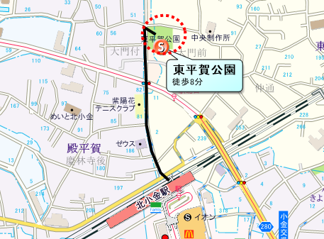 集　合／ 東平賀公園（JR常磐線各駅停車　北小金駅北口8分）　　　　　　　　　　　　　　　　　　　　　　　　　　　　　　　　　　　　　　　　　　　　　　　 　解　散／12時頃　流山おおたかの森南口公園（東武線・TX線　流山おおたかの森駅5分）への地図