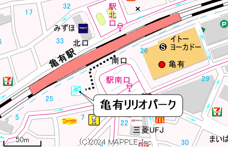 集　合／ 亀有リリオパーク（JR常磐線各駅停車　亀有駅南口１分）　　　　　　　　　　　　　　　　　　　　　　　　　　　　　　　　　　　　　　　　　　　　 　解　散／6km　11時頃　噴水広場（金町駅行バス停水元公園噴水広場2分） 　　　 10km　12時30分頃　金町駅前団地広場（金町駅3分）　　への地図