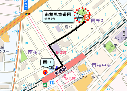 集　合／ 南柏児童遊園（JR常磐線各駅停車　南柏駅西口5分）　　　　　　　　　　　　　　　　　　　　　　　　　　　　　　　　　　　　　　　　　　　　　　　 　解　散／12時頃　本土寺山門付近（JR常磐線各駅停車　北小金駅北口10分）への地図