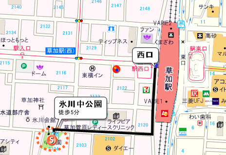 集　合／ 氷川中公園（東武伊勢崎線　草加駅西口5分）　　　　　　　　　　　　　　　　　　　　　　　　　　　　　　　　　　　　　　　　　　　　 　解　散／4km　10時40分頃　東武伊勢崎線　獨協大学前駅 　　 　　　　8km　12時頃　東武伊勢崎線新越谷駅・武蔵野線南越谷駅　　への地図