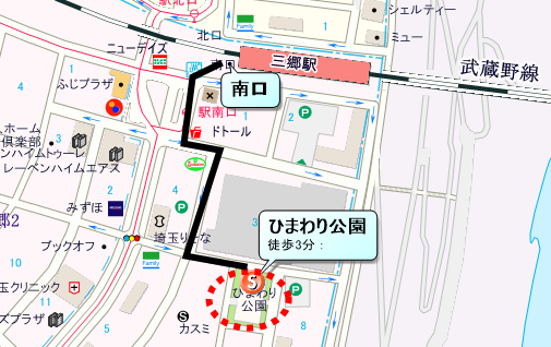 集　合／ ひまわり公園（JR武蔵野線三郷駅南口3分）　　　　　　　　　　　　　　　　　　　　　　　　　　　　　　　　　　　　　　　　 　解　散／12時30分頃　南流山中央公園（JR武蔵野線・TX線南流山駅4分）　　への地図