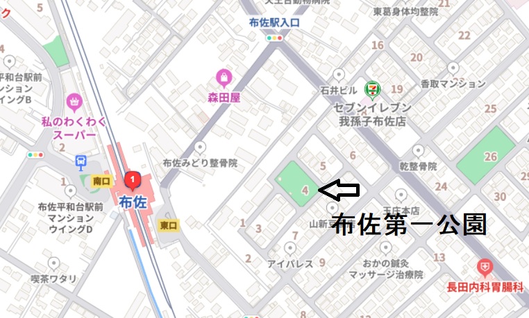 布佐第一公園（成田線布佐駅東口より徒歩5分）への地図